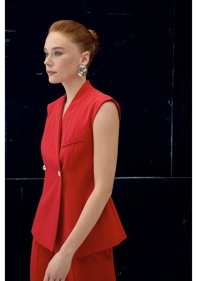 Sateen Anna Çizgili Yelek - Kırmızı-137104 Kırmızı