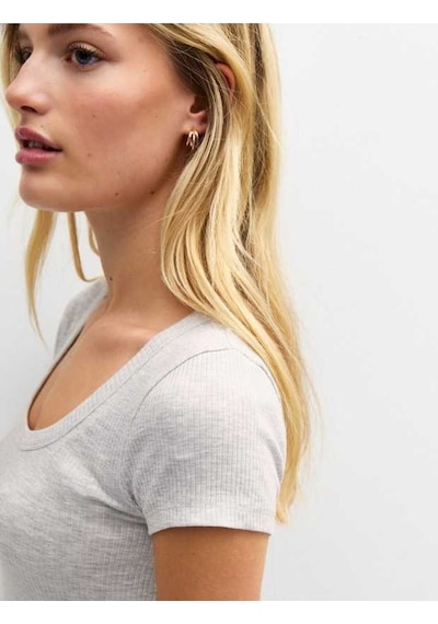 Rooted Kadın Kare Yaka T-shirt & Bluz , Likralı Fitilli Kaşkorse Kumaş Gri