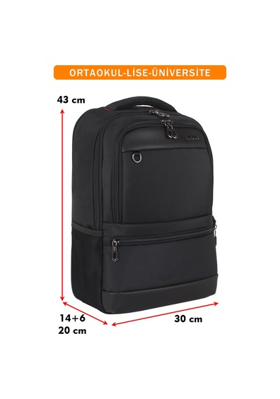 Körüklü Siyah Okul Sırt Çantası Lise Üniversite Unisex Su Geçirmez Kumaş 14"-15,6" İnç Siyah