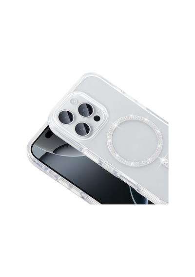Apple Uyumlu iPhone 15 Pro Max Kılıf Taşlı Tasarım M-safe Şarj Özellikli Mkst Koment Silikon Kapak - Gümüş Gümüş