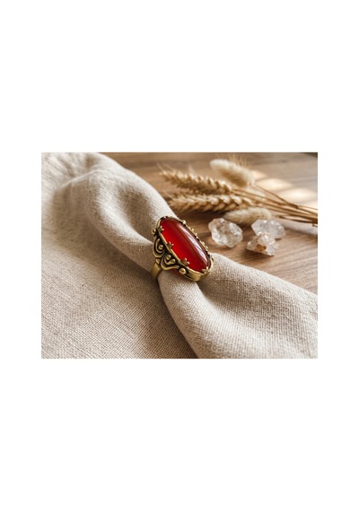 Esoo Jewelry Vintage Tasarım Bordo Doğal Taşlı Ayarlanabilir Kadın Yüzük - Antik Gold Görünümlü
