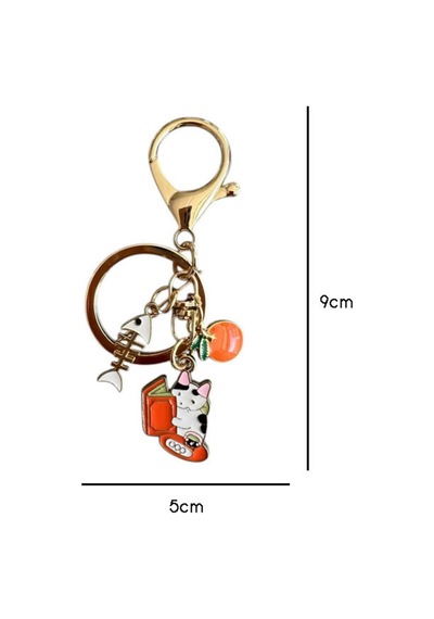 Balıklı Kitapsever Kedi Metal Charm Anahtarlık Çok Renkli Çok Renkli