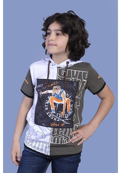 Toontoy Kids Toontoy Erkek Çocuk Garni Detaylı Kapüşonlu Baskılı Tişört Haki