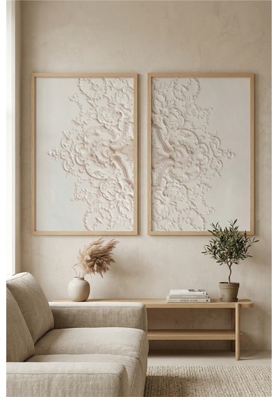 Doğal Ahşap Çerçeveli Klasik Kabartma Desenli Bej Modern Duvar Tablosu 2 Li Set Ahşap
