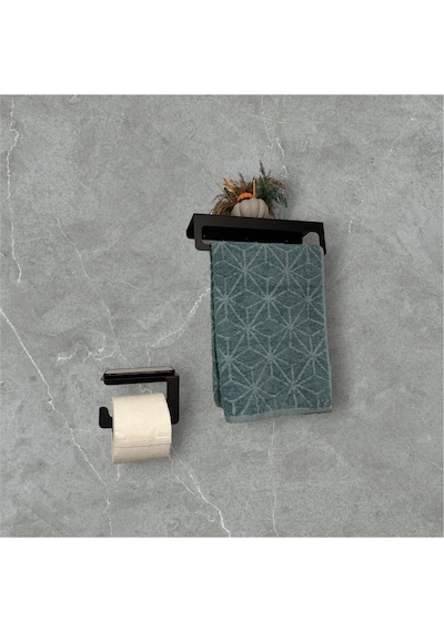 Dione Store 2li Banyo Seti, Metal Havlu Tutucu Ve Tuvalet Kağıtlığı, Havluluk, Tuvalet Kağıdı Tutucu Siyah