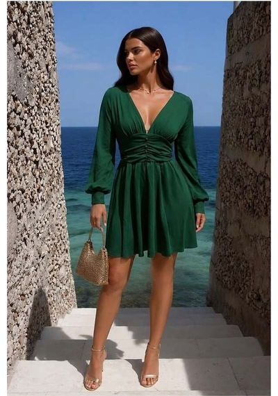 Store V Büzgülü Yaka Mini Elbise Kollu Uzun Abiye Zümrüt - 935903082 Zümrüt