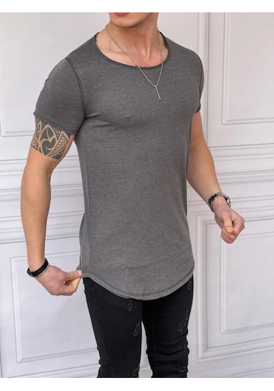 Modefendi Slim Fit Oval Kesim Pamuk Basic Tshırt Füme
