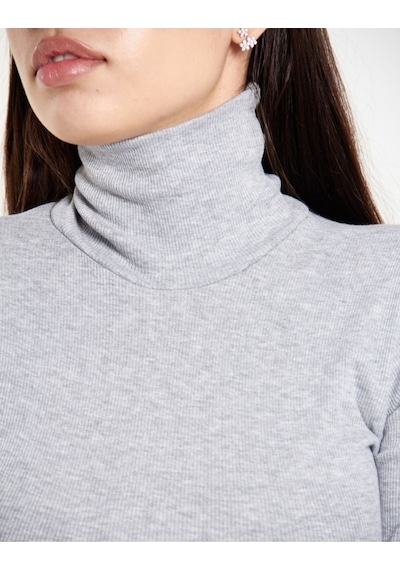 Alya Underwear Kaşkorse Tam Boğazlı Body Sweatshirt, Fitilli Kumaş, Likralı, Gül Kurusu Gri Melanj