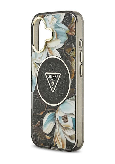 Apple Uyumlu iPhone 17 Kılıf Guess Lisanslı M-safeli Simli Çiçek Desen Metal Kamera Çerçeveli Üçgen Logolu Siyah Siyah