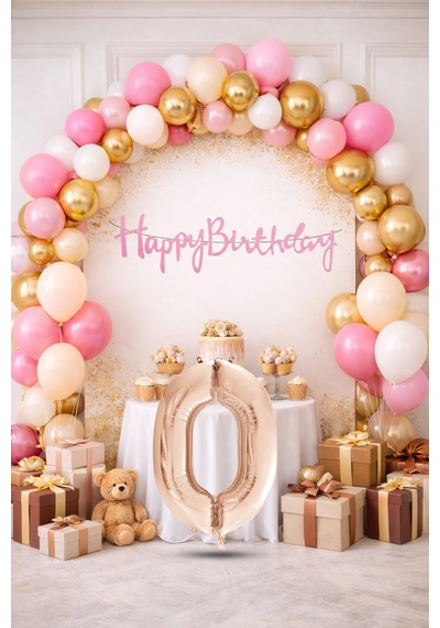 0 Yaş Pompa Hediyeli Doğum Günü Seti Banner Gold Pembe Kum Beji Beyaz Balonlar Rose Gold Rakam Çok Renkli
