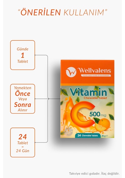 Vitamin C 500 Mg Çiğnenebilir Tablet Şekersiz 24 Tablet, Portakal Aromalı