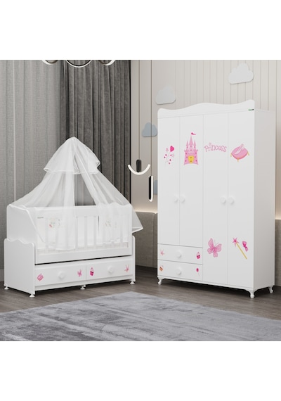 Elegant Beşik Ve Yıldız 4 Kapaklı Dolap Yatak Uykuseti - Prenses Beyaz