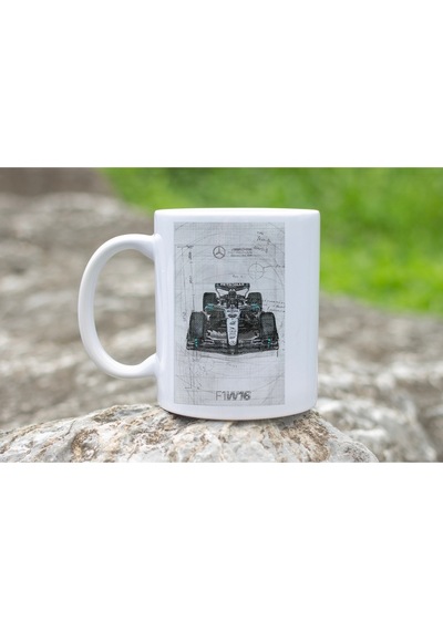 Mercedes F1 Teknik Çizim Kupa Bardak Mühendislik Tutkunlarına Özel Formula 1 Hediye Beyaz