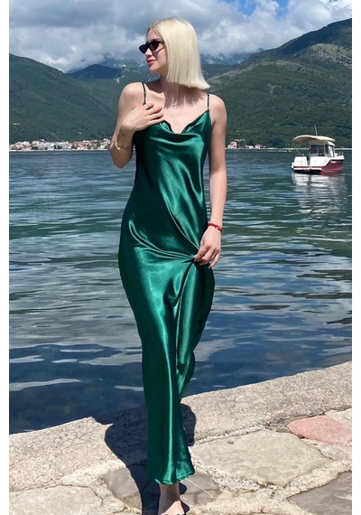Madmext Mad Girls Yeşil Uzun Saten Elbise Mg1408 Yeşil