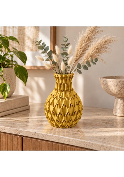 Yaprak Kabartmalı Dekoratif Vazo 20 Cm Kuru Çiçek Ve Pampas Vazosu Altın