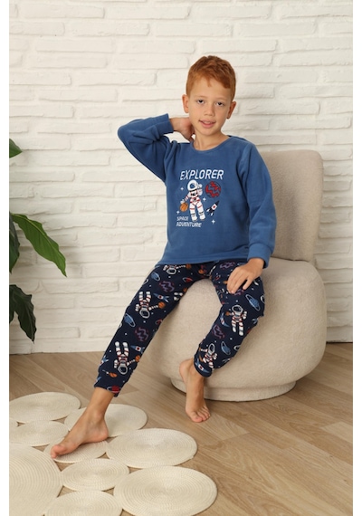 Yeni Stil Sonbahar/kış Erkek Çocuk Uzay Figür Astronot Desen Polar Pijama Takımı 4565 Mavi