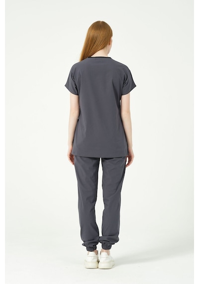 Füme Likralı Scrubs Jogger Paça Doktor Hemşire Forması Yarasa Kol Takım Unisex