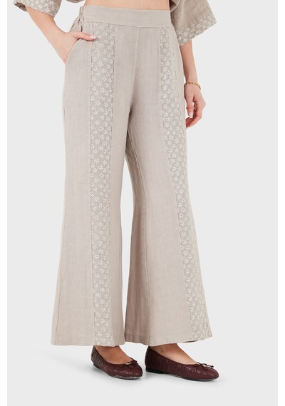 Via Dante % 100 Keten Relaxed Fit Brode İşlemeli Pantolon Bayan Pantolon 69912211 Vizon