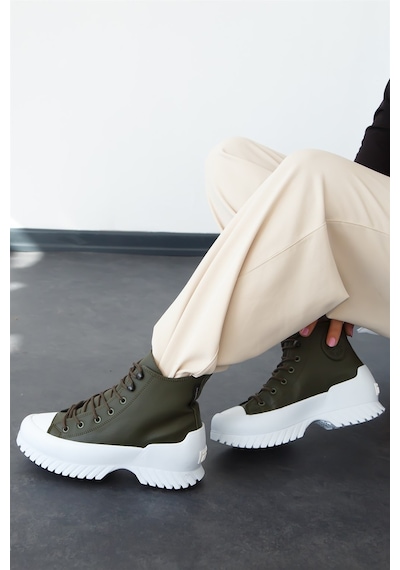 Shoetek Marlowe Kadın Bot Sneakers Bağçıklı Yeşil Cilt Yeşil