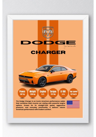 Dodge Charger Araba Tablosu - Teknik Özellikli Otomobil Poster - Çerçeveli Duvar Dekoru Beyaz