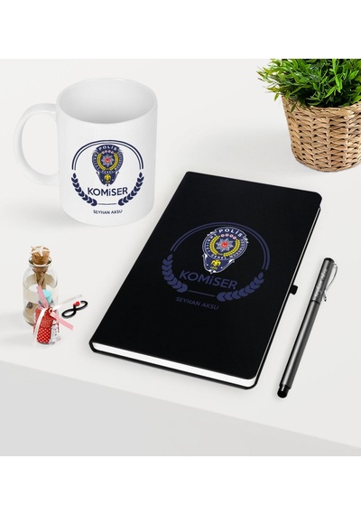 Kişiye Özel Komiser Temalı Siyah Defter Kalem Kupa Seti - 2 Siyah
