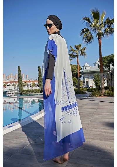 Remsa Tesettür Mayo Üzerine Tasarım Tek Kaftan Pareo Rdp003 Yelkenli Mavi