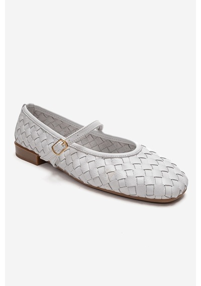 Luvishoes Yevora Beyaz Örgü Hakiki Deri Bantlı Kadın Babet Ayakkabı