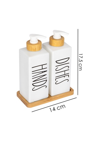 2'li Bambu Altlıklı Bambu Pompalı Kare Cam Sabunluk Deterjanlık 350 Ml Beyaz