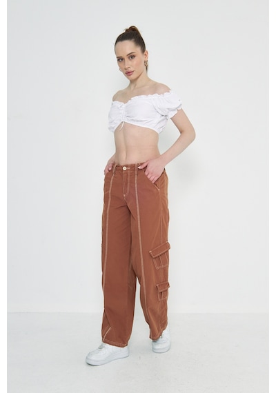 Kutaf Camel Kargo Cepli Dikiş Detaylı Yüksek Bel Wide Leg Pantolon Kahverengi