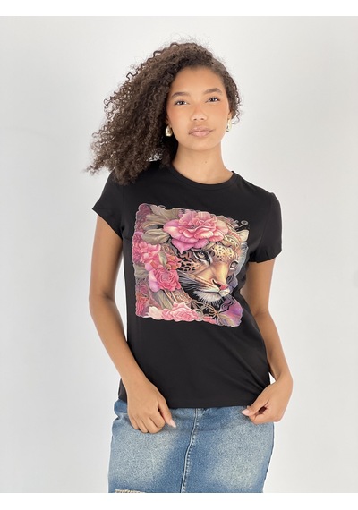 Kadın Leopar Ve Gül Desenli Siyah T-shirt Siyah