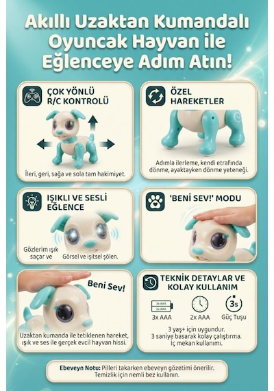 Eğitici Sesli Ve Işıklı 6 Fonksiyonlu Uzaktan Kumandalı 21 Cm Eğitici Akıllı Oyuncak Robot Köpek