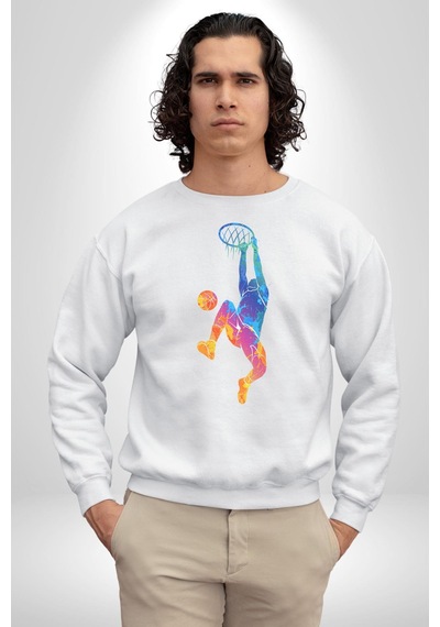 Smaç Basketbol Renkli Unisex Beyaz Baskılı Sweatshirt Beyaz