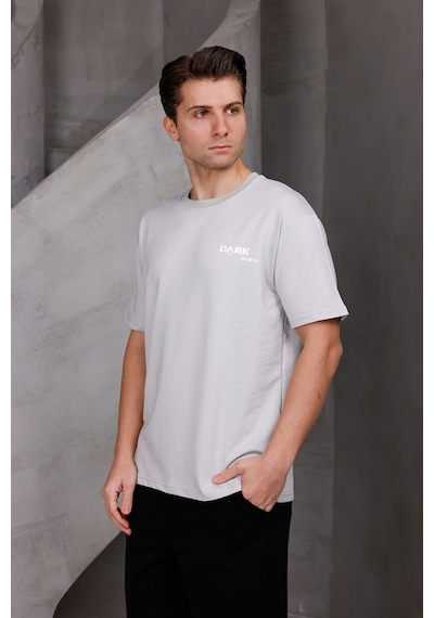 Erkek Baskılı Oversize Bisiklet Yaka 2 İki İplik Kompakt T-shirt Ekru