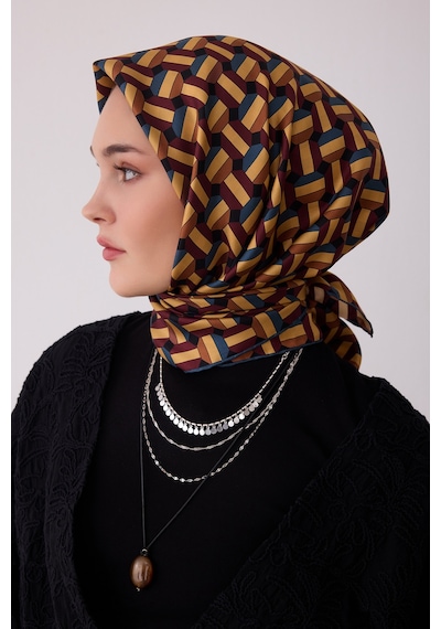 Belli Geometrik Desen %100 Twill İpek Eşarp Be07 İndigo-hardal