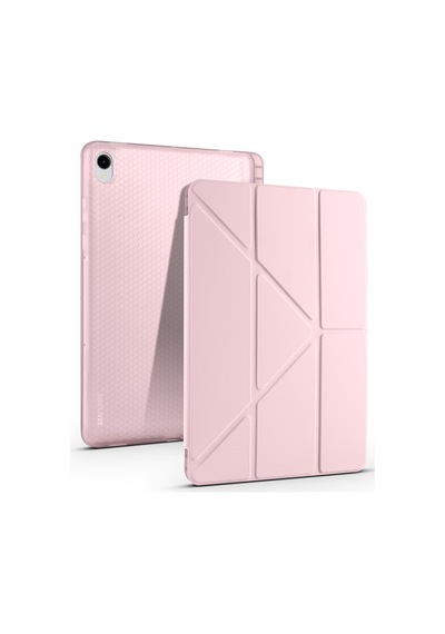 Galaxy Tab S11 2025 Sm-x730-sm-x736 Uyumlu Kalem Bölmeli Dönebilen Üçgen Standlı Tri Folding Tablet Kılıfı - Rose Gold - T40395