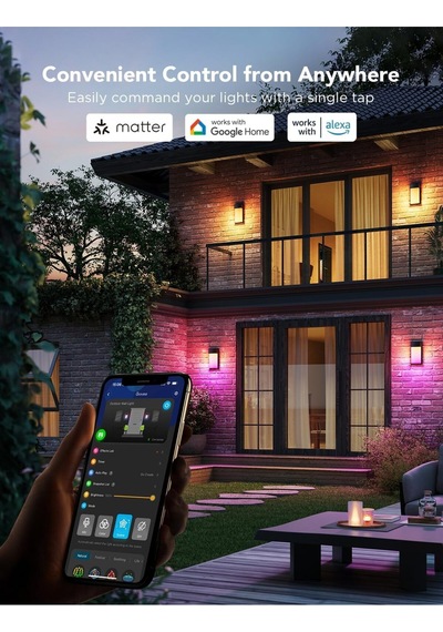 Dış Mekan Duvar Lambası Rgbıc, 1500lm, Ip65 Su Geçirmez, 45 Sahne Modu, Akıllı Wi-fi Işık Siyah