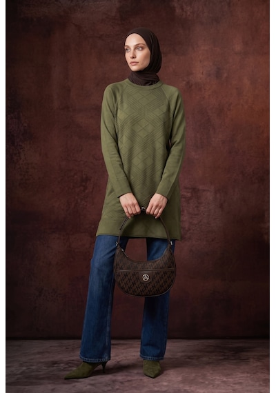 Armine Trend Geometrik Desenli Bisiklet Yaka Uzun Kollu Rahat Kesim Tunik Haki 26ktd411