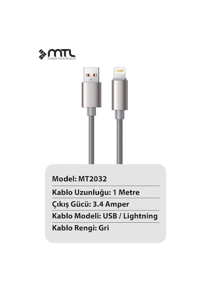 3.4a Usb To Apple Uyumlu iPhone Lightning Örgülü Alüminyum Başlıklı Hızlı Şarj Ve Data Kablosu 1 Metre Mt2032