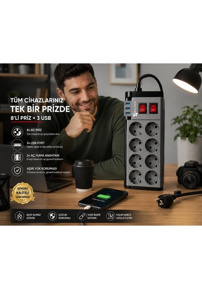 Lexroo Suwors Akım Korumalı 8 Li Grup Priz 2 Metre 3 Usb Girişli Anahtarlı Çoklu Uzatma Kablosu Diğer