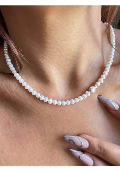 Gümüş Kilitli 3mm Doğal Tane İnci Kolye Gümüş Balon Balıklı İnci Kolye