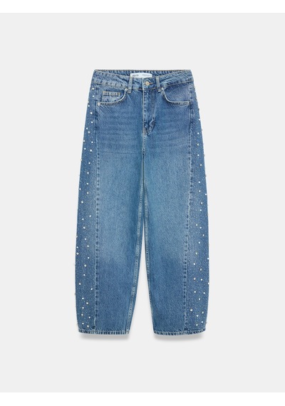 Dilvin 72368 %100 Pamuk Taşlı Barrel Jean Mavi
