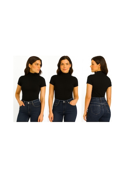İngegno Body Yarım Balıkçı Yaka Kısa Kol Örme Kumaş Viskon Body Kadın Siyah