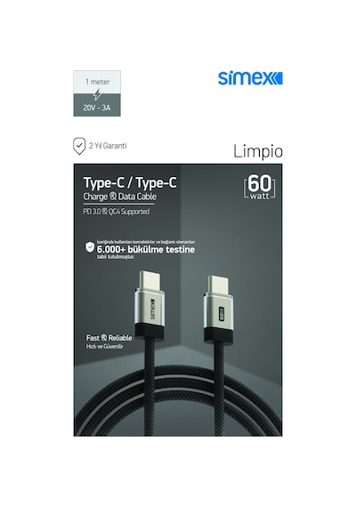 Simex 60w Hızlı Şarj Type-c To Type-c Kablo İphone, Samsung, Redmi Uyumlu - Qc 4 Destekli - 1m Spk-12