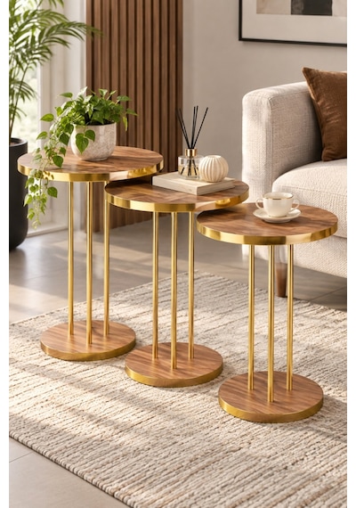 Sulorahome Ceviz Desenli Gold Metal Ayaklı 3'lü Zigon Sehpa Takımı Altın - Kahverengi