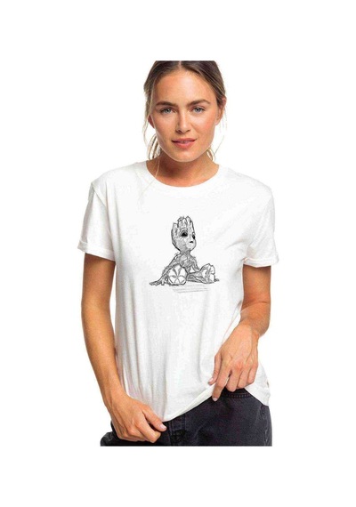 Groot Coloring Baskılı Beyaz Kadın Tshirt