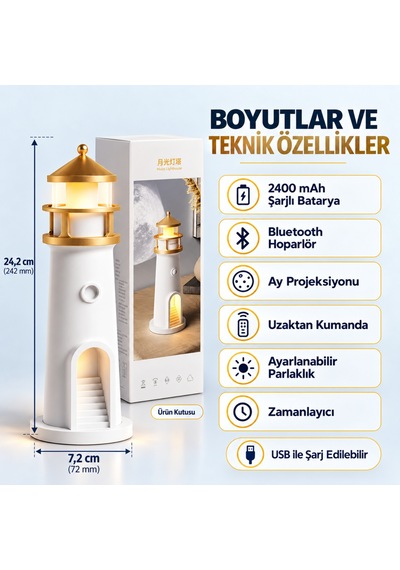 Kenly Deniz Feneri Ay Projeksiyonlu Led Gece Lambası Bluetooth Hoparlörlü Kumandalı Dimmerli 2400 Mah Şarjlı Masa Lambası Beyaz