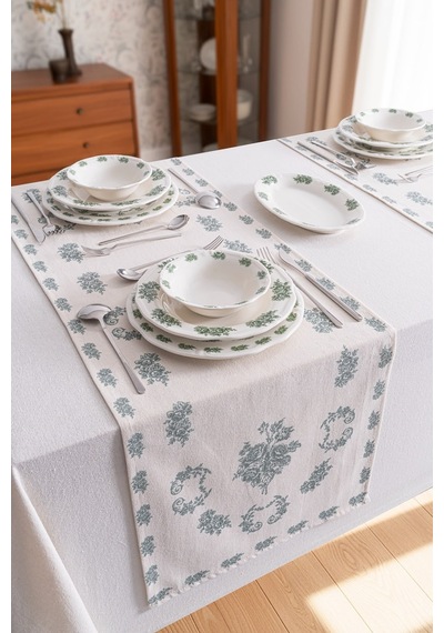 Flowers Green Keten Runner-7527 Çok Rekli