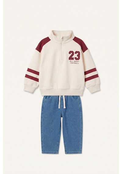 Defacto Dik Yaka Fermuarlı Baskılı Sweatshirt Üst Jean Pantolon 2li Takım Erkek Bebek I0614a526auer98 Ekru-er98