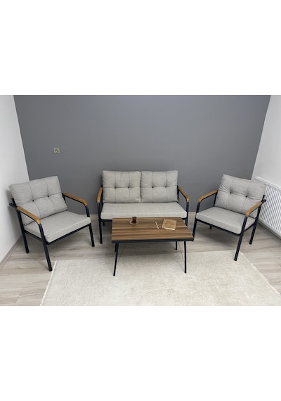 Modern Güneş Balkon, Bahçe, Cafe - Metal Kanepe Koltuk Takımı - 2+1+1 + Sehpa Açık Gri Modernsh27 Açık Gri