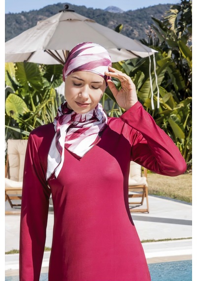 Mayom Bol Pantolonlu Tam Kapalı Desenli Tesettür Mayo - 2535 Bordo